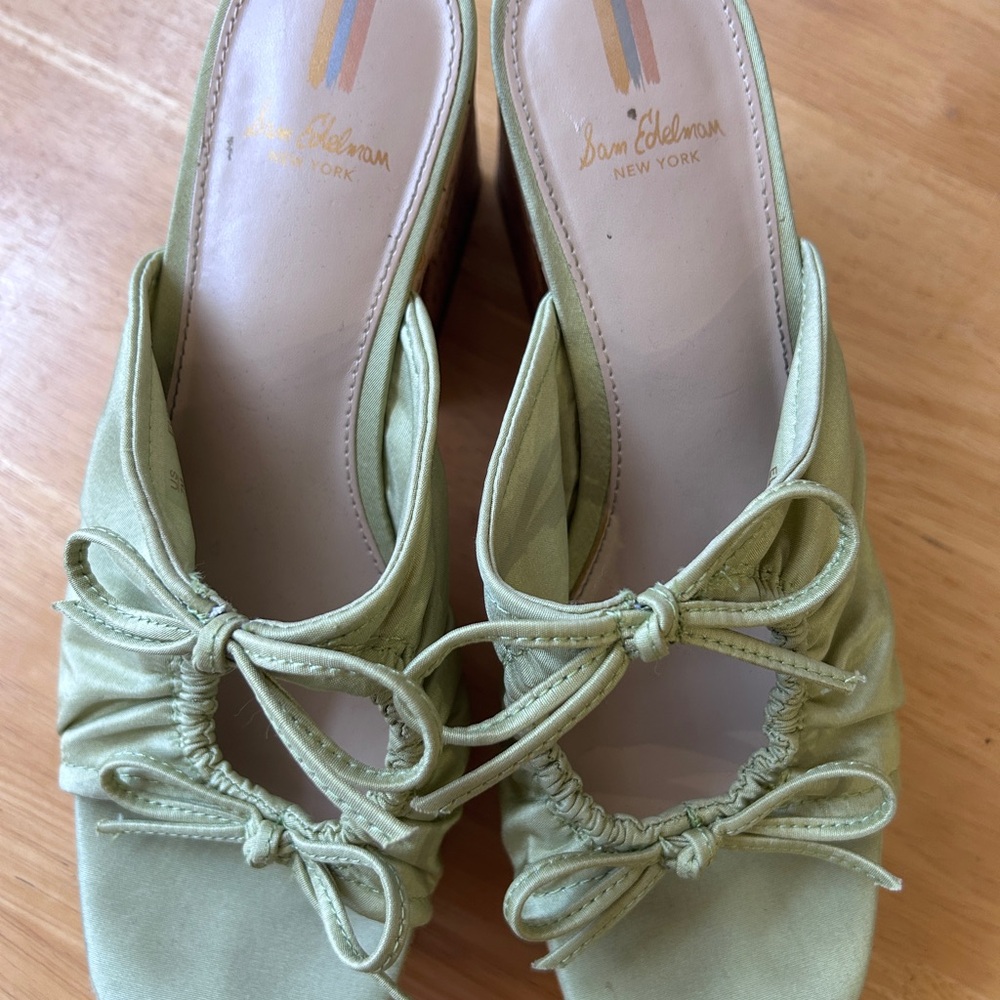 Sam Edelman Pistachio Satin Bow Slip-On Mules